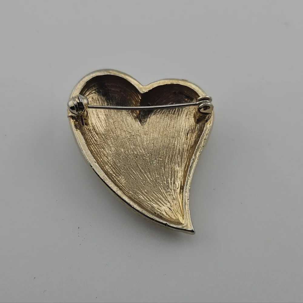 Vintage Stylized Heart Brooch Pin Clear Pave Rhinestones Gold Tone